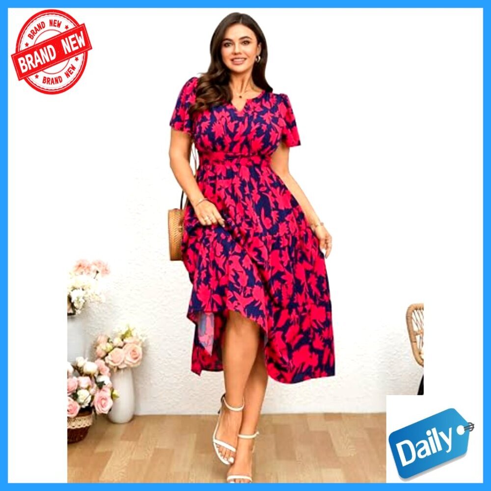Plus Size Summer Maxi Dress V Neck Smocked Boho Floral Beach Wedding Guest - Picture 6 of 7